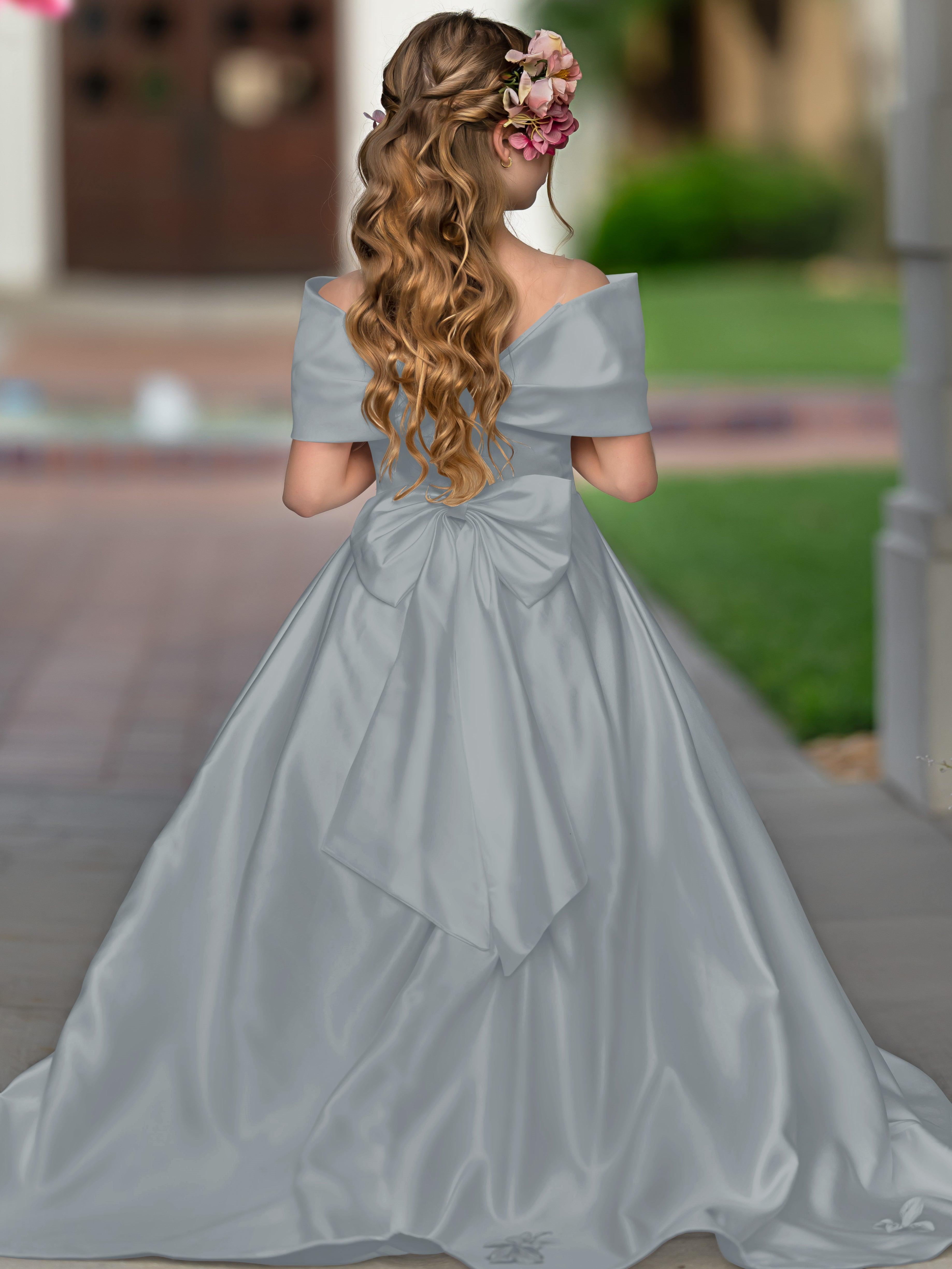 Ivory Satin Flower Girl Princess Ball Gown With Sweep Train And Bow Trim