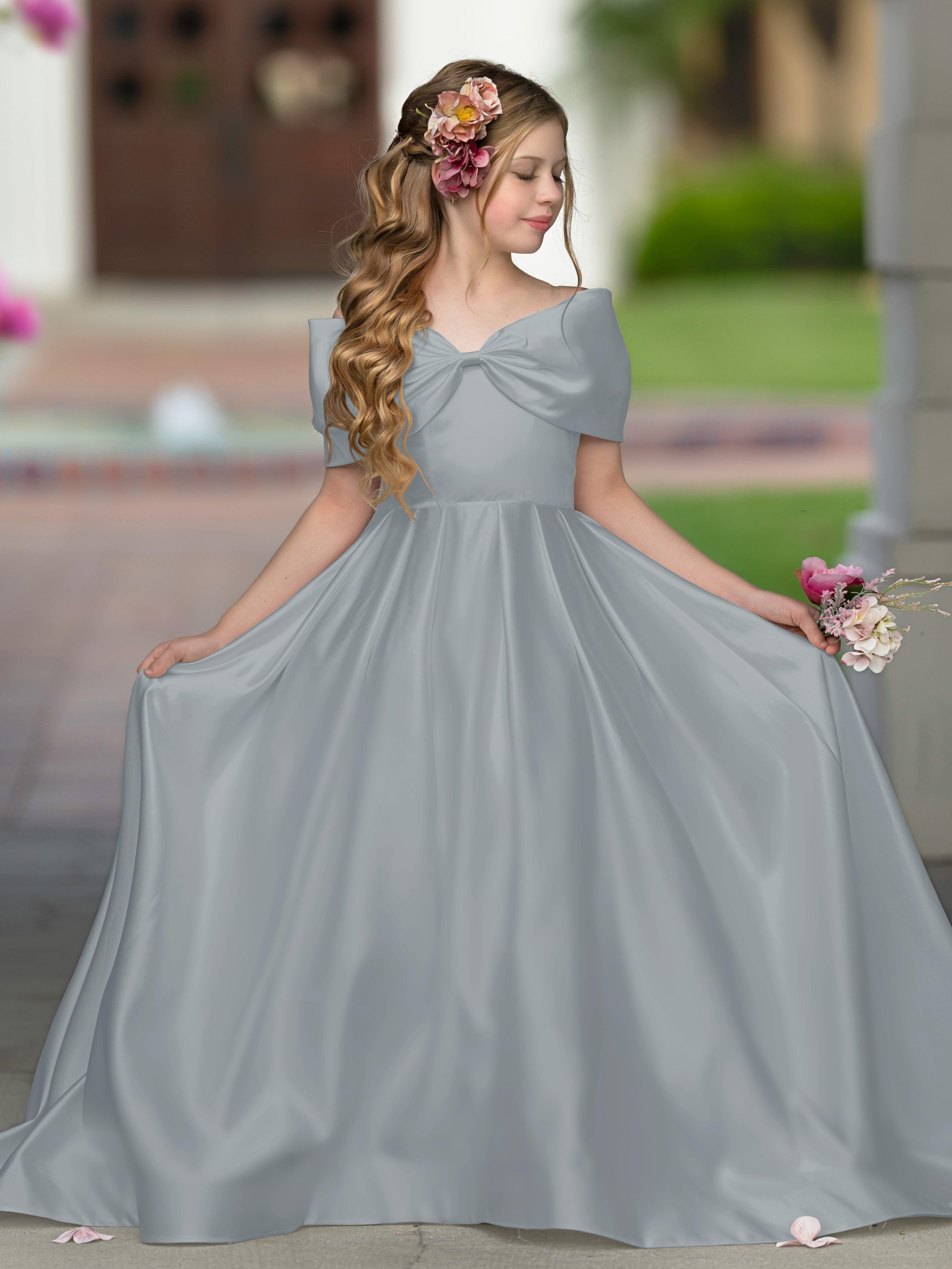 Ivory Satin Flower Girl Princess Ball Gown With Sweep Train And Bow Trim