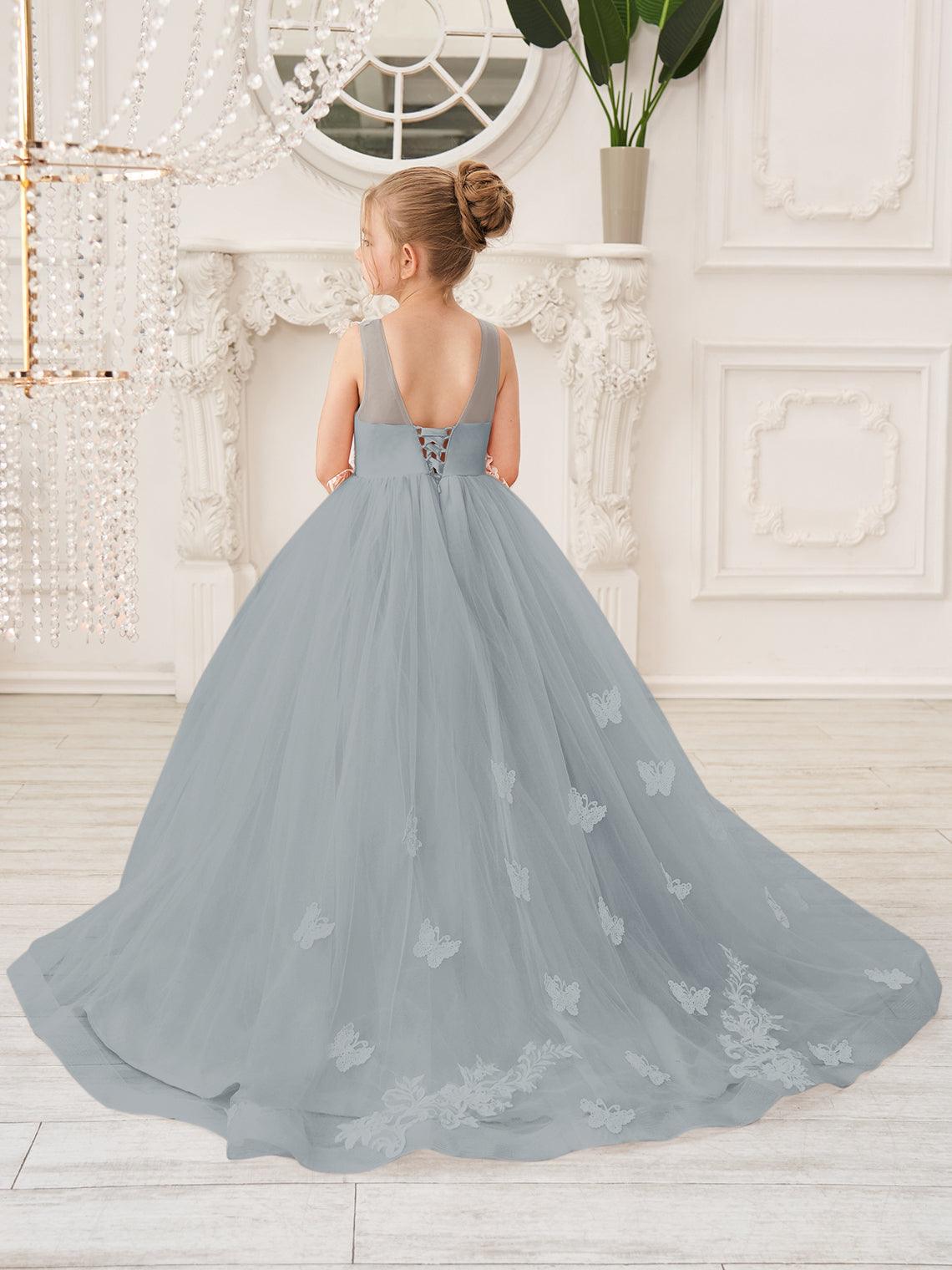 Elegant Sleeveless Tulle Flower Girl Dress With Applique Lace And Sweep Train