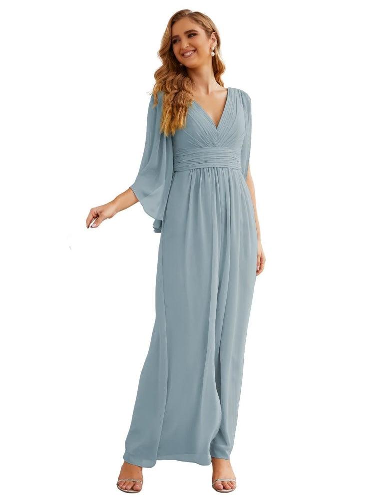Vestidos de Dama de Honra em Chiffon Numbersea com Fenda para Mulher Vestido Longo de Casamento Festa Baile Manga Sino SEA28045