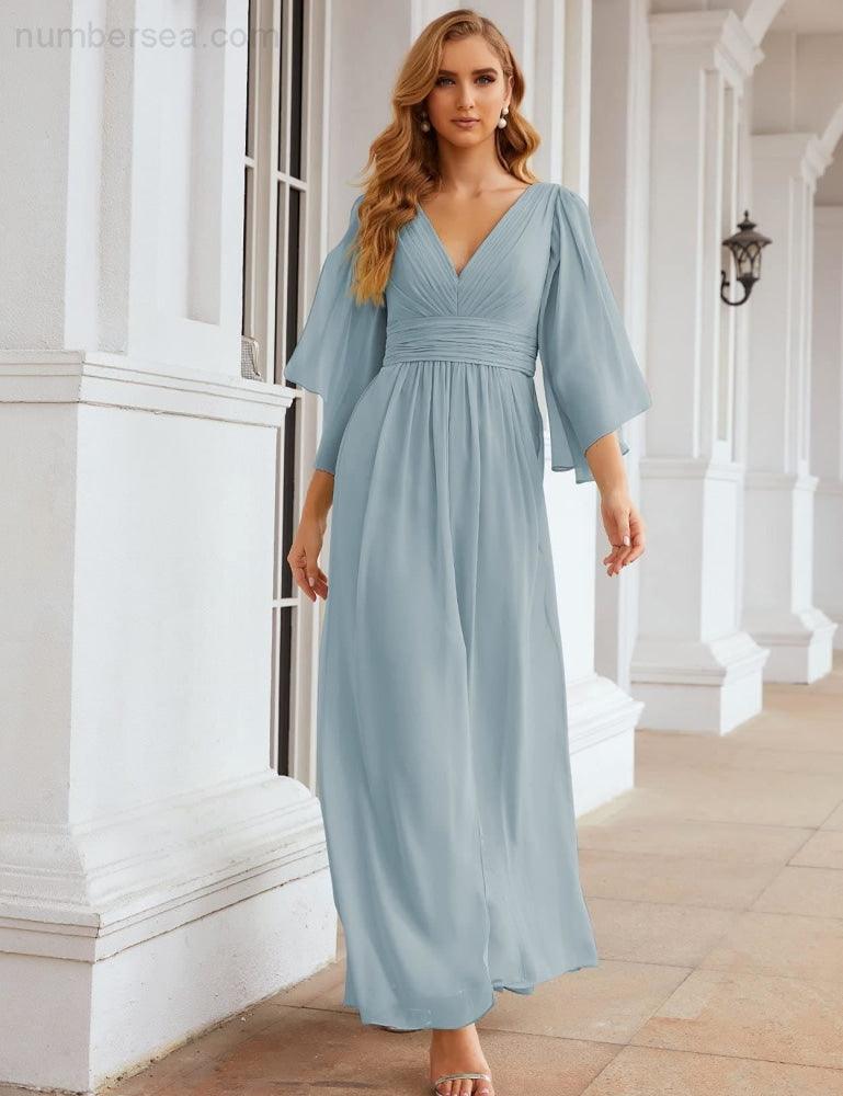 Robes de demoiselle d'honneur en mousseline Numbersea avec fente pour femmes Mariage Longue robe de soirée à manches volantes SEA28045