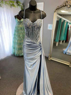 Star Navy Blue Strapless Cutout Bodice Long Mermaid Prom Dress With Beads