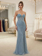 Dusty Blue Beaded Linear Corset Prom Dress With High Slit