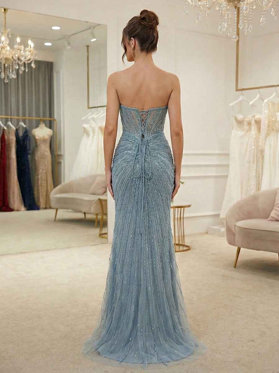 Dusty Blue Beaded Linear Corset Prom Dress With High Slit
