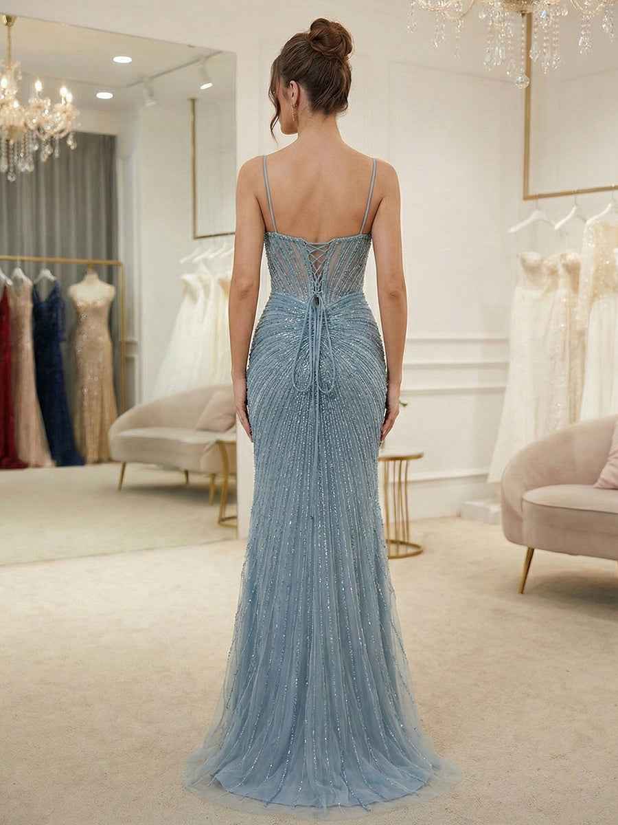 Dusty Blue Spaghetti Straps Beaded Corset Prom Dress With High Slit