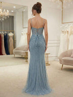 Dusty Blue Spaghetti Straps Beaded Corset Prom Dress With High Slit