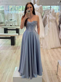 Dusty Blue Satin Strapless Corset Bodice Prom Dress With Slit