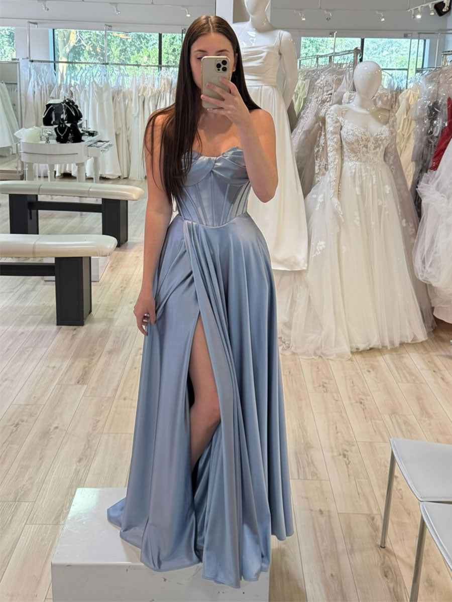 Dusty Blue Satin Strapless Corset Bodice Prom Dress With Slit