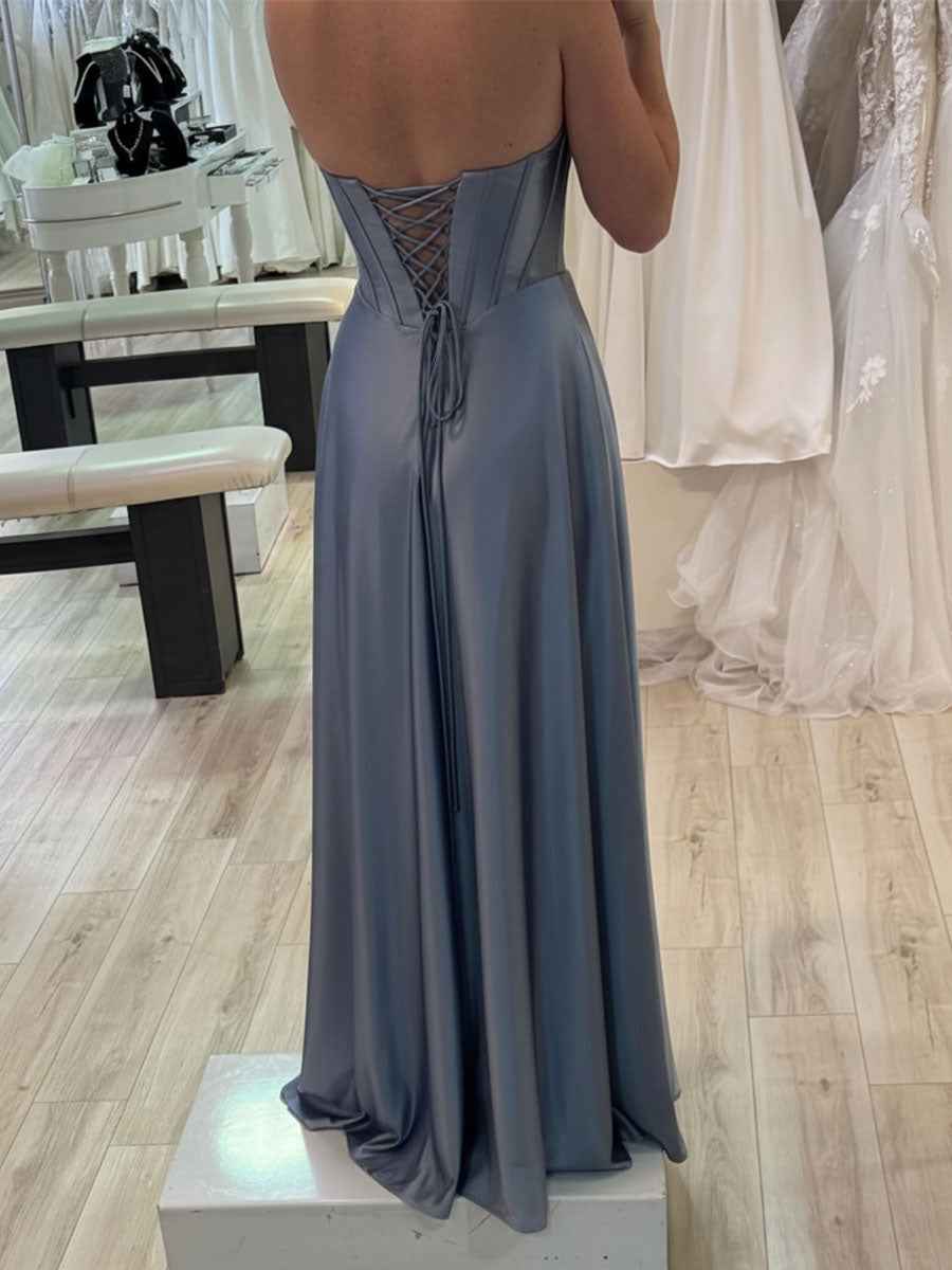 Dusty Blue Satin Strapless Corset Bodice Prom Dress With Slit