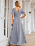 Vestido de Dama de Honra Longo de Chiffon com Decote em V e Cintura Envolvente para Convidados de Casamento  SEA28049
