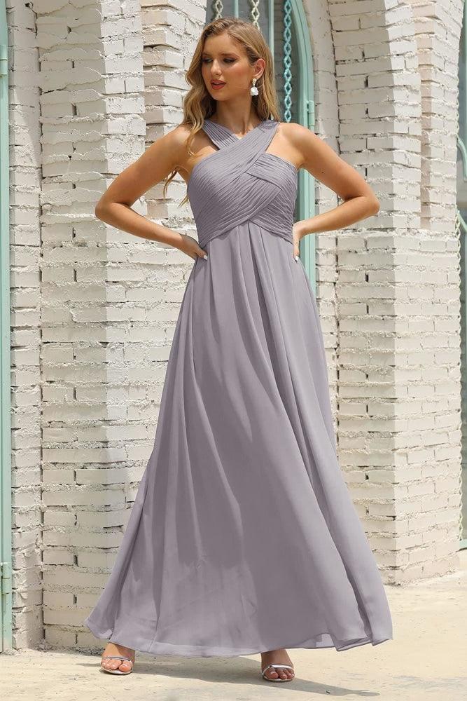 Vestido de Dama de Honra Halter em Chiffon para Mulher, Modelo A-Line, Longo, Formal, para Baile de Finalistas SEA28015