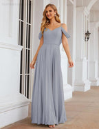 Abito da Sposa in Chiffon con Spalle Scoperte, Lungo e Maxi, per Damigelle, Cerimonia, Ballo e Feste per Donne  SEA28059