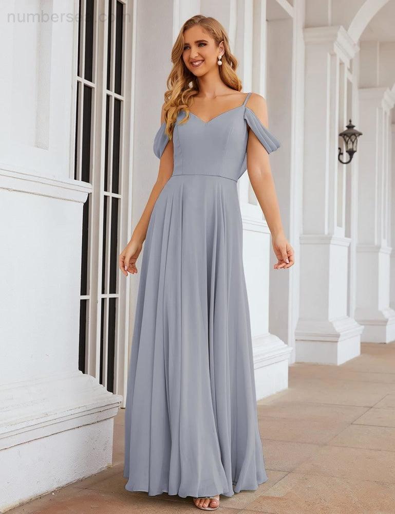 Abito da Sposa in Chiffon con Spalle Scoperte, Lungo e Maxi, per Damigelle, Cerimonia, Ballo e Feste per Donne  SEA28059
