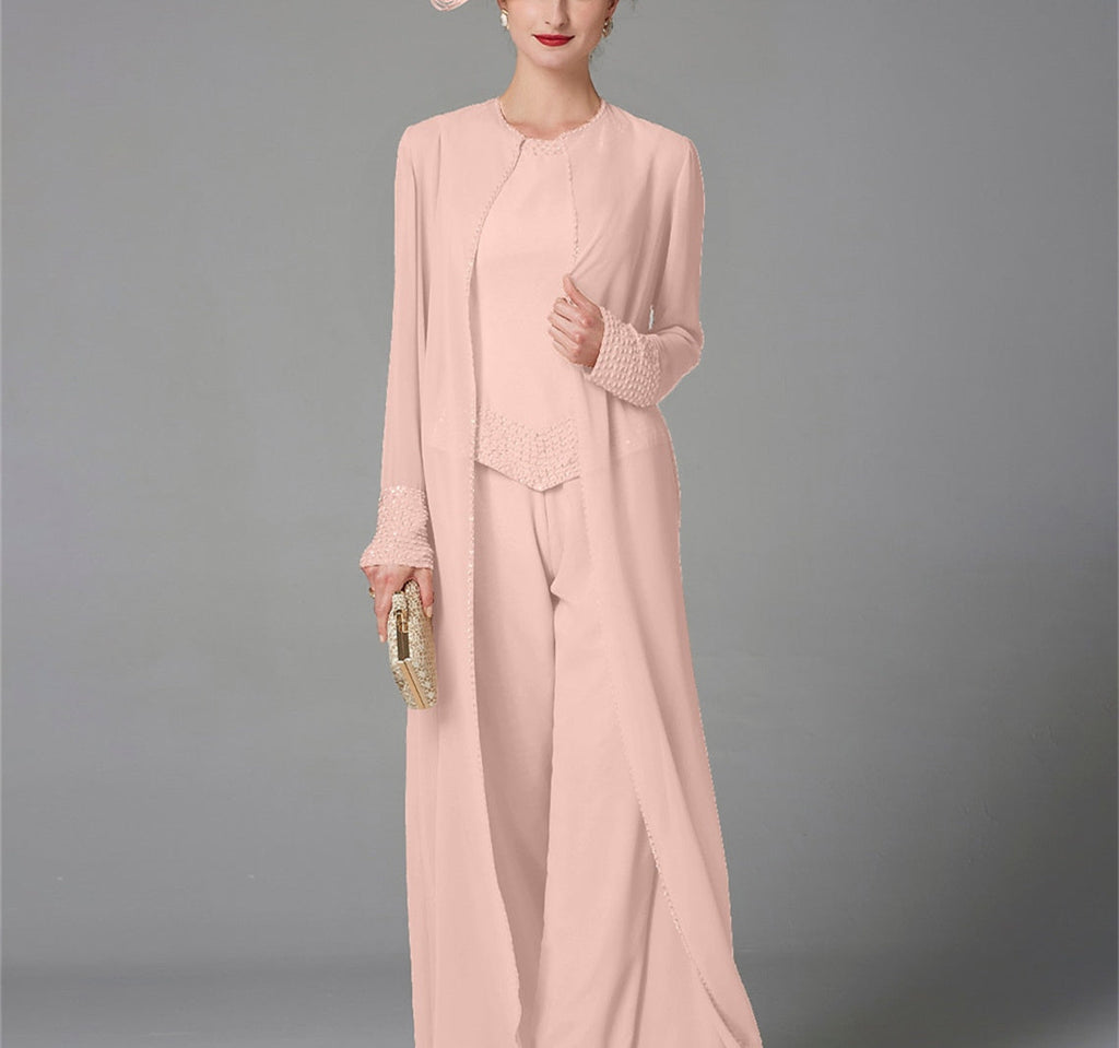 Mother Of The Bride Pantsuit With Jacket And Sequins Long Sleeve Chiffon