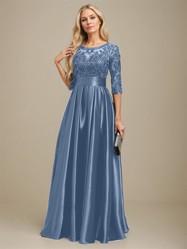 A-line Scoop Illusion Floor-Length Stretch Satin Lace Mother of the Bride Dress With Bow Sequins