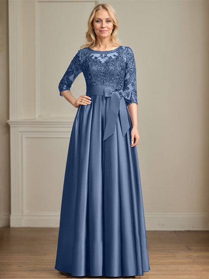 A-Linie, U-Ausschnitt, Illusion, bodenlanges Satin-Spitzenkleid für die Brautmutter mit Paillettenschleife 