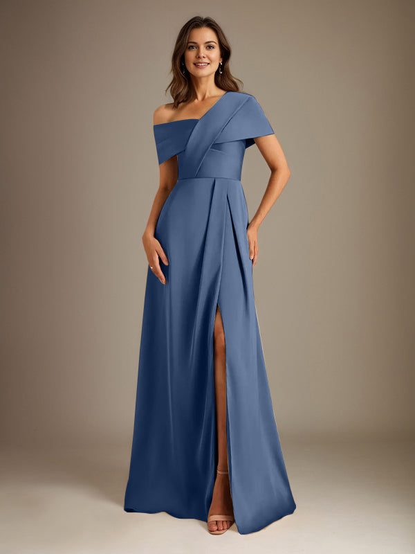 Robe de mère de la mariée en satin, longueur au sol, encolure asymétrique en ligne A avec plis