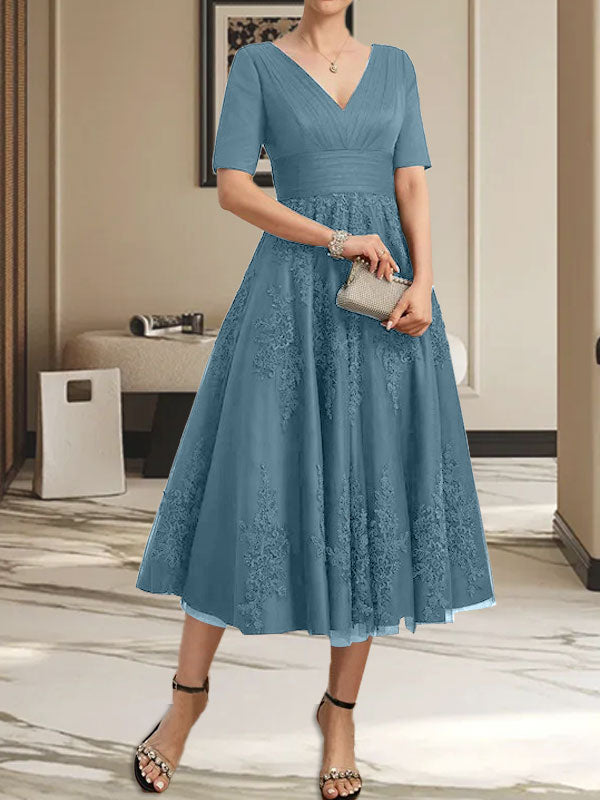 A-Linie V-Ausschnitt Wadenlanges Tüll-Spitzenkleid für die Brautmutter mit Plissee