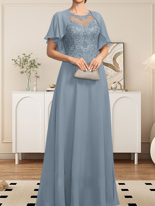A-Linie, U-Ausschnitt, Illusion, bodenlanges Spitzen-Chiffon-Kleid für die Brautmutter mit Pailletten