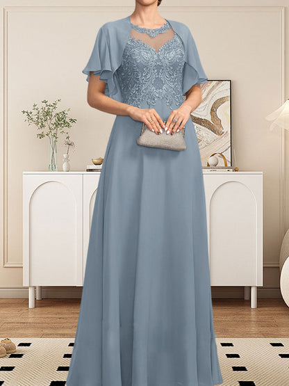 A-Linie, U-Ausschnitt, Illusion, bodenlanges Spitzen-Chiffon-Kleid für die Brautmutter mit Pailletten