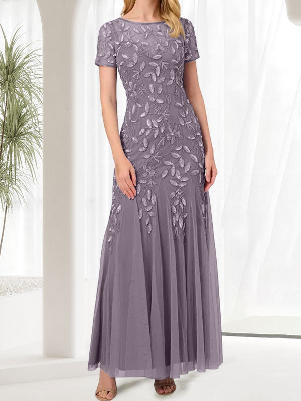 Vestido largo de sirena azul con cuello redondo para madre de la novia con cuentas
