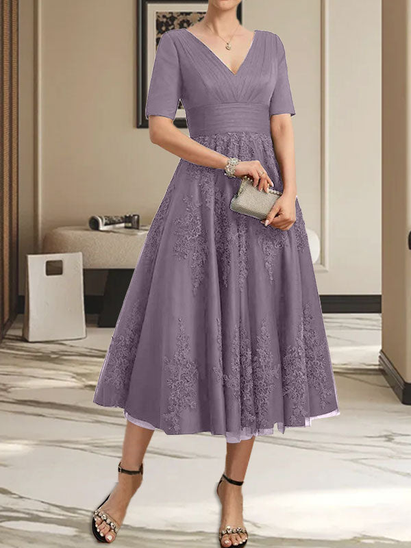 A-Linie V-Ausschnitt Wadenlanges Tüll-Spitzenkleid für die Brautmutter mit Plissee