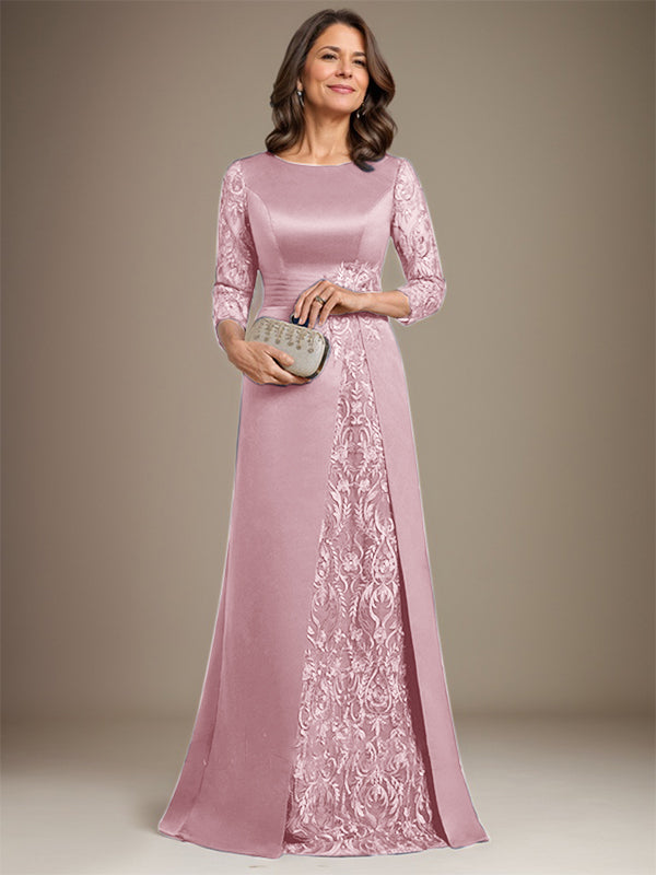 A-Line Scoop Floor-Length Lace Satin Mother Of the Bride Dress With Applique