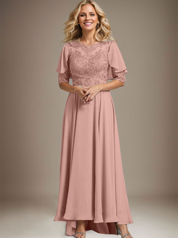 Robe de mère de la mariée en mousseline et dentelle asymétrique à encolure dégagée en ligne A avec perles