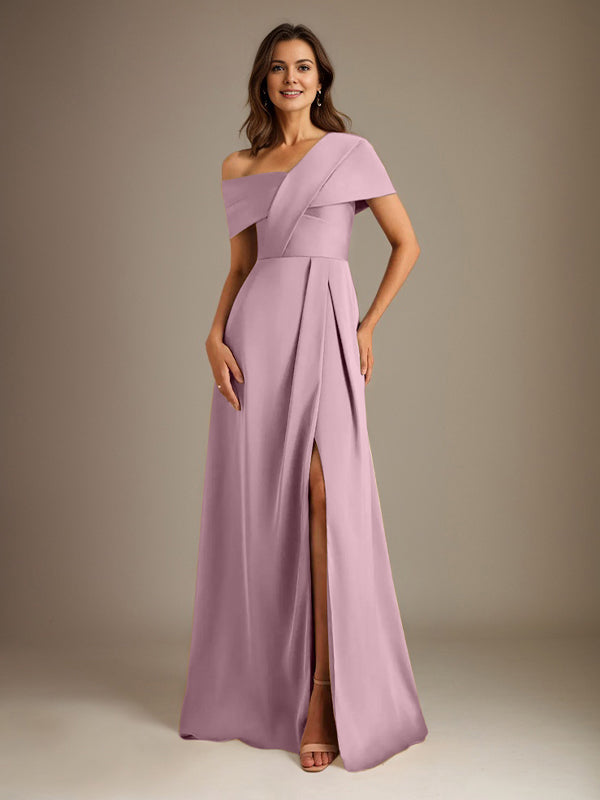 Robe de mère de la mariée en satin, longueur au sol, encolure asymétrique en ligne A avec plis