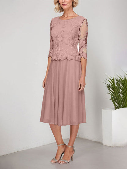 A-Linie U-Ausschnitt Wadenlang Spitzen Chiffon Mutter der Braut Kleid mit Stickerei 