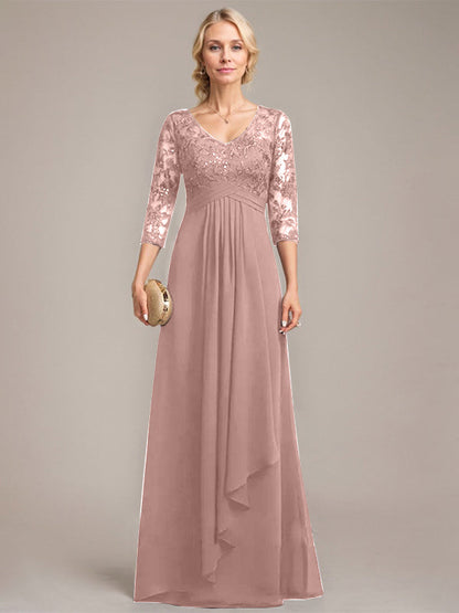 Vestido de madre de la novia de gasa con encaje, escote en V, largo hasta el suelo, con volantes en cascada y lentejuelas 