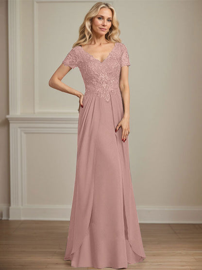 A-Linie V-Ausschnitt Bodenlanges Chiffon-Spitzenkleid für die Brautmutter