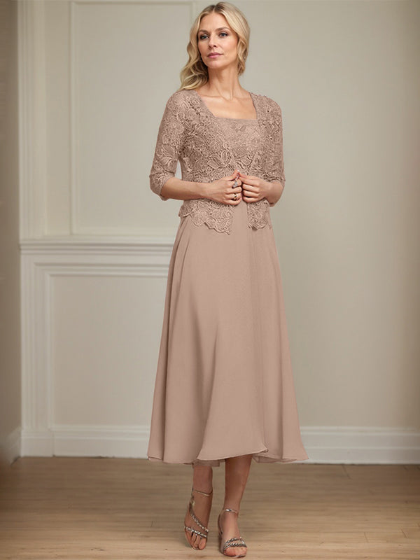 A-Linie Quadratisches Wadenlanges Chiffon-Spitzenkleid für die Brautmutter mit Pailletten und Perlen 