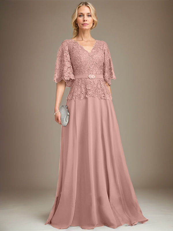 A-Linie V-Ausschnitt Bodenlang Chiffon Spitze Mutter der Braut Kleid Mit Kristall Brosche Strass 