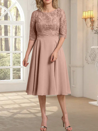 A-Linie U-Ausschnitt Knielang Chiffon Spitzenkleid für die Brautmutter