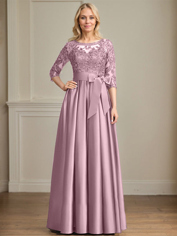 A-Linie, U-Ausschnitt, Illusion, bodenlanges Satin-Spitzenkleid für die Brautmutter mit Paillettenschleife 