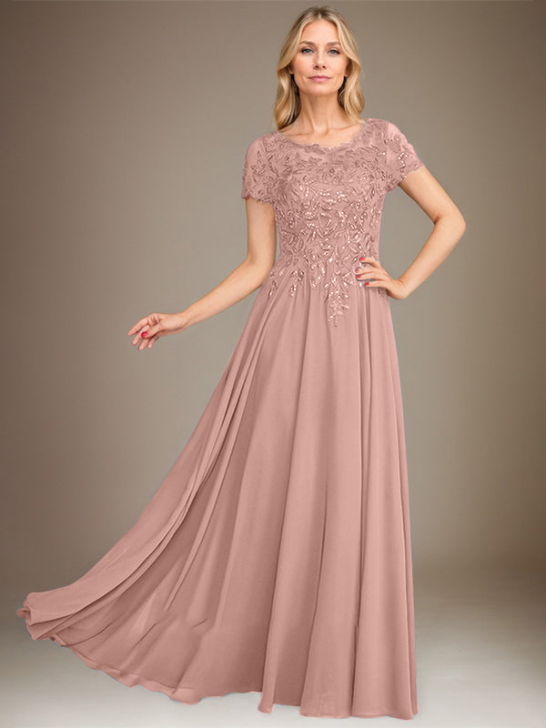 Robe de mère de la mariée en mousseline, longueur au sol, coupe en A, décolleté arrondi, ornée d'appliques et de paillettes