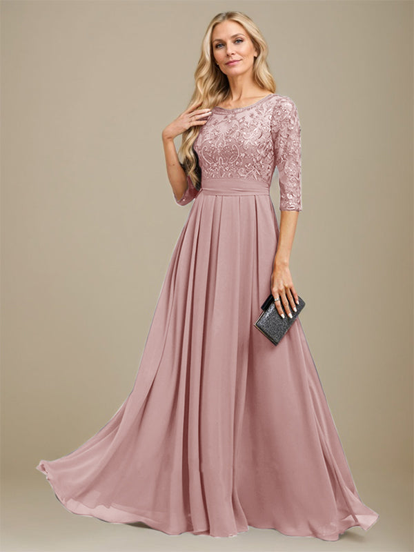 A-Linie U-Ausschnitt Bodenlang Spitzen-Chiffon-Kleid für die Brautmutter mit Paillettenapplikation 