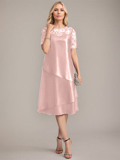A-Linie, U-Ausschnitt, knielanges Kleid für die Brautmutter mit Applikationen und Pailletten 