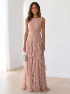 Sleeveless Tiered Chiffon Maxi Evening Gown with Ruched Bodice - Dusty Rose