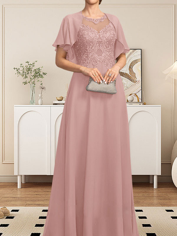 A-Linie, U-Ausschnitt, Illusion, bodenlanges Spitzen-Chiffon-Kleid für die Brautmutter mit Pailletten