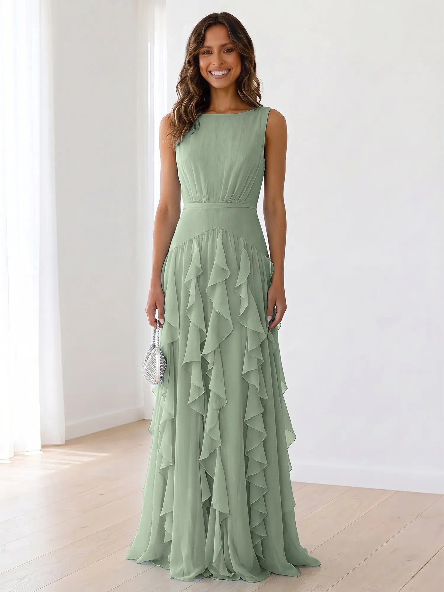 Sky Blue Tiered Chiffon Evening Maxi Dress With Ruched Bodice