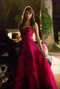 Vestido largo de fiesta sin tirantes en línea A color rosa intenso Y8397