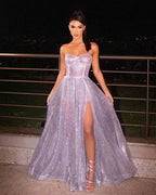 Abito da sera lungo da donna a linea ad A con spalline sottili, unico, modesto, elegante e scintillante Y5995