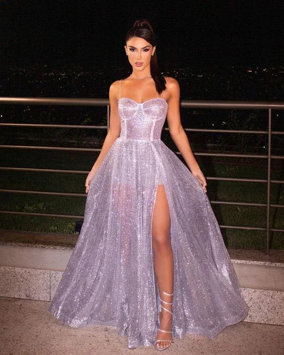 Abito da sera lungo da donna a linea ad A con spalline sottili, unico, modesto, elegante e scintillante Y5995