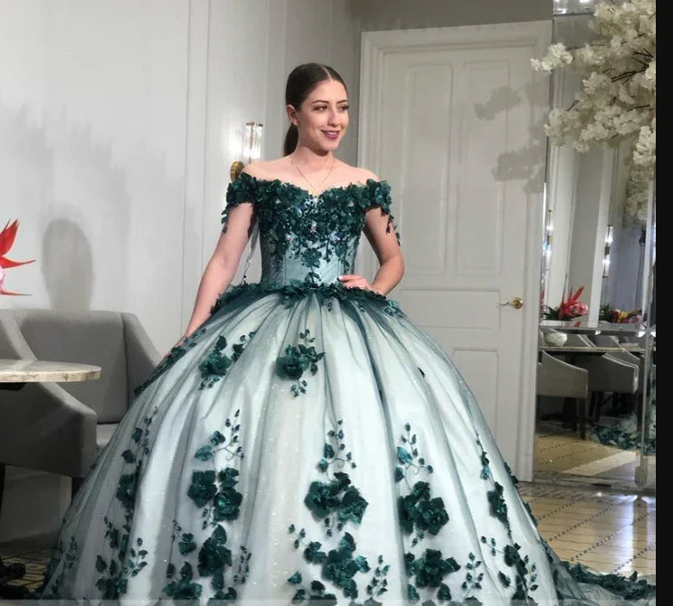 Schulterfreies Ballkleid mit 3D-Blumen Süße Geburtstagskleider 15 16 Fünfzehnter Geburtstagskleider Y1475