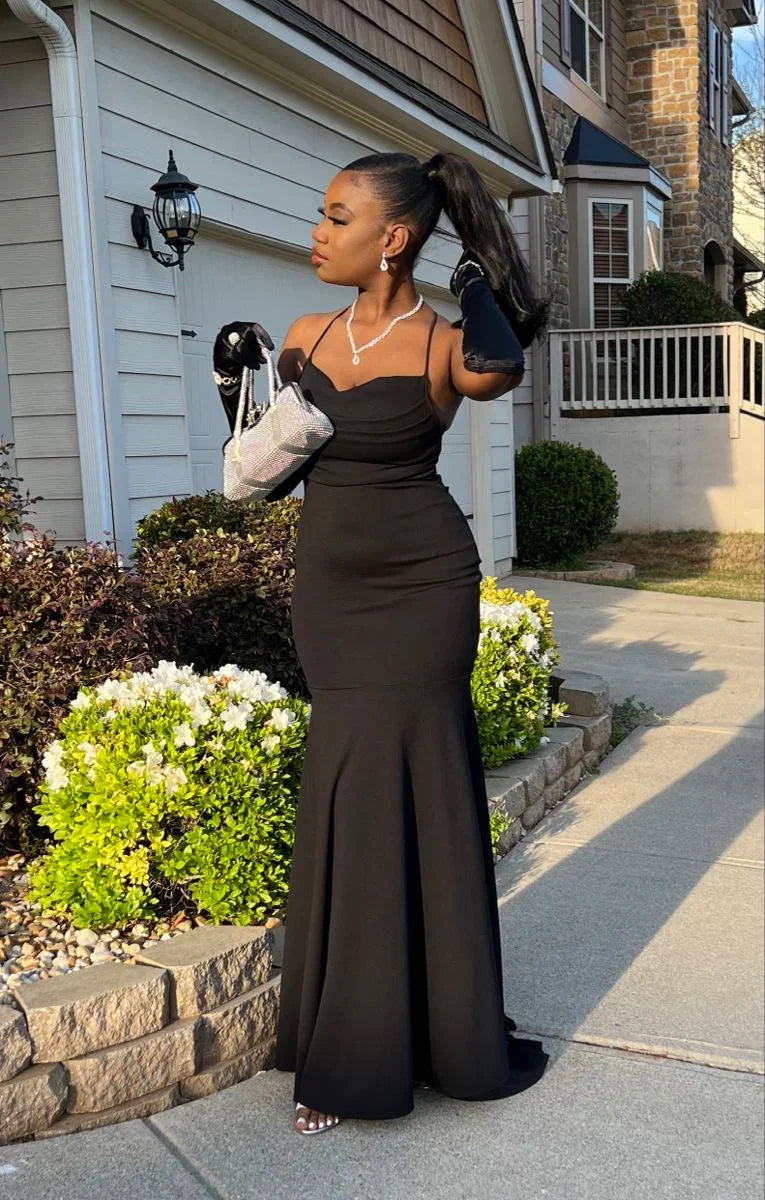 Elegante abito da sera nero a sirena, abito da sera nero Y2173