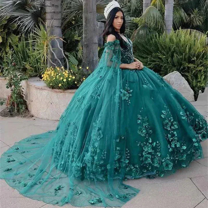 Abito da Principessa per Quinceañera con Spalle Scoperte, Scollo a Cuore, Perline e Fiori 3D, Abito a Palloncino con Mantello in Tulle, Vestito da Sera Y4334