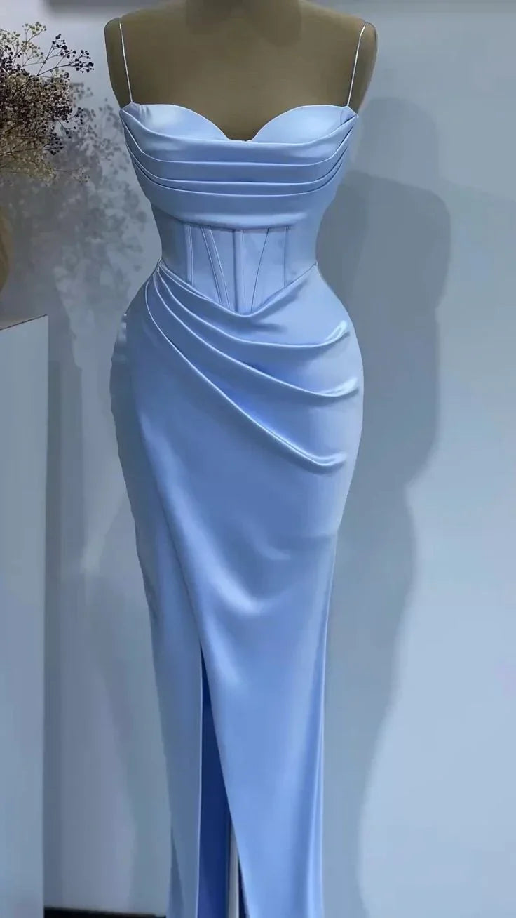 Abiti da sera lunghi Sirena Blu in raso con spalline sottili e pieghe, abiti da ballo per donne, abito da festa nuziale Y4563