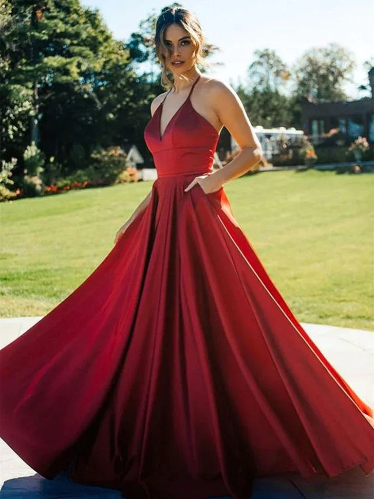 Abiti lunghi da sera formali color vino rosso scuro con scollo a V, abiti lunghi da ballo con scollo a V color rosso vino Y236